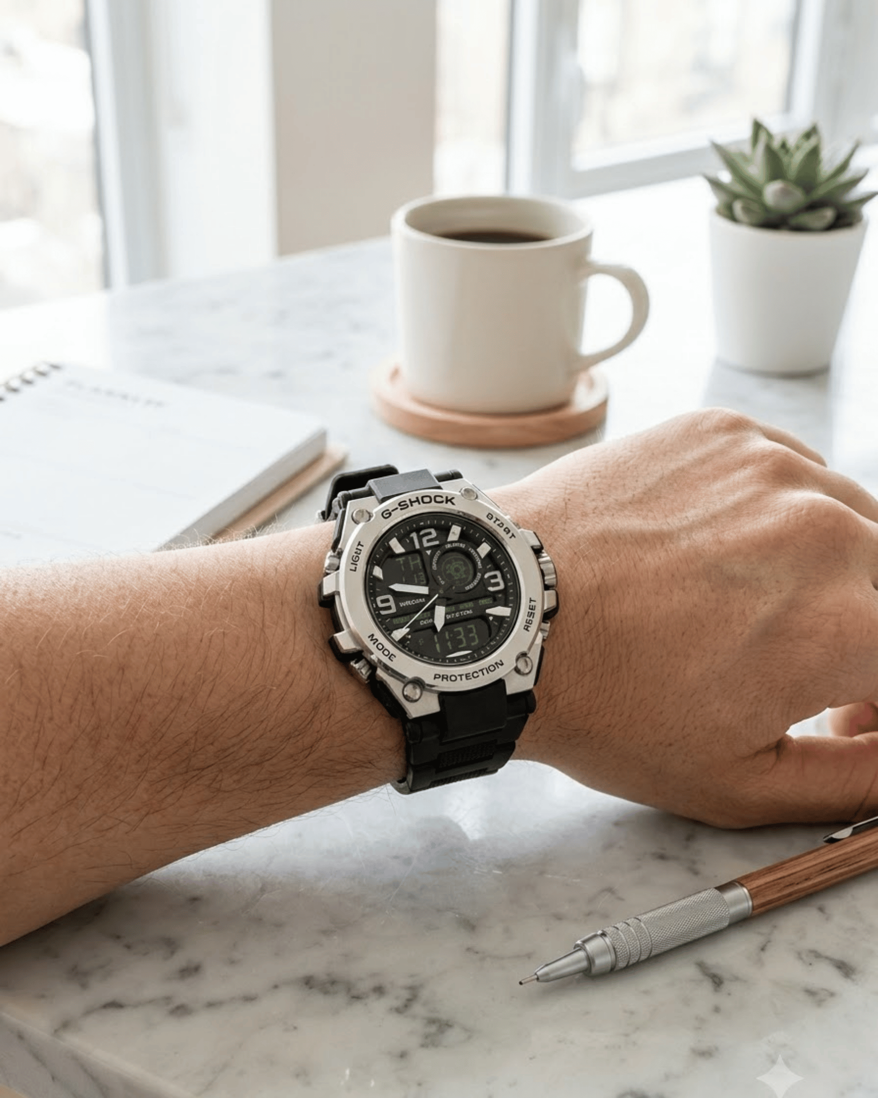 G Shock Dual Clock Men’s Sports Watch Water Resistant - Black Silver