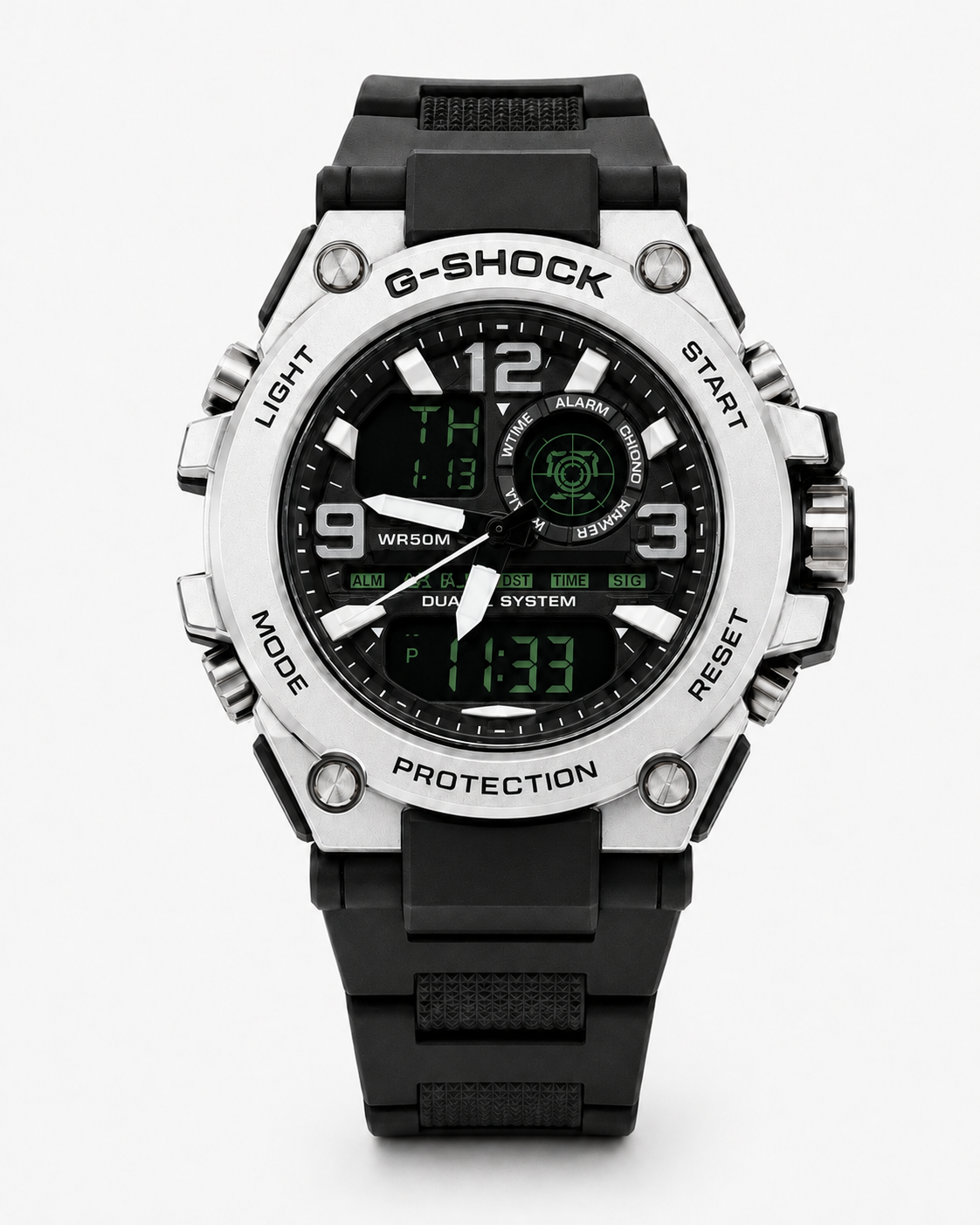 G Shock Dual Clock Men’s Sports Watch Water Resistant - Black Silver